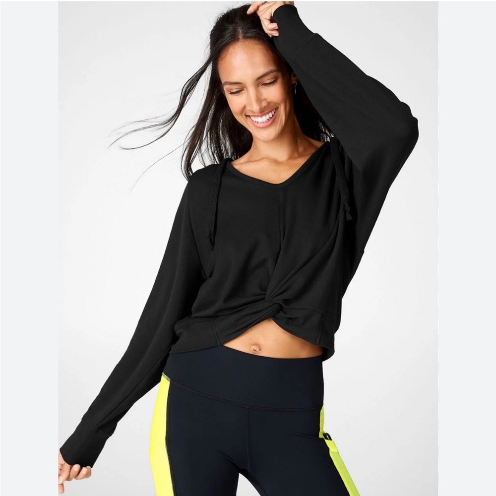 Fabletics Black Sydney Twist Knot Cropped Hoodie Sweatshirt Size XS
